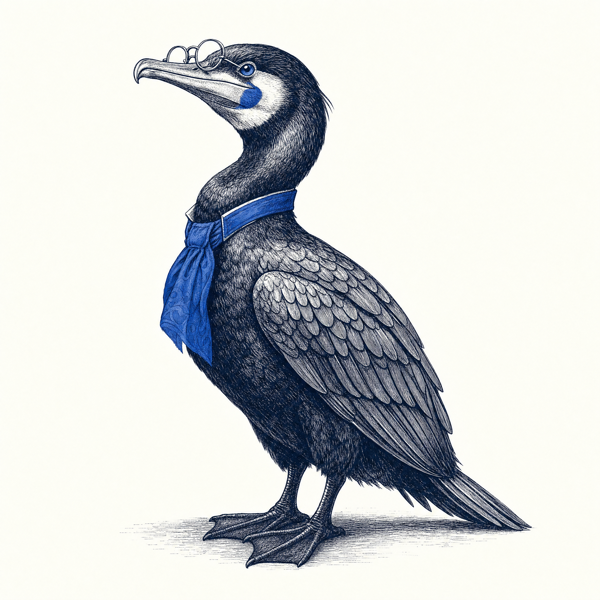 Skarv, the Skarvia cormorant, in reading glasses
