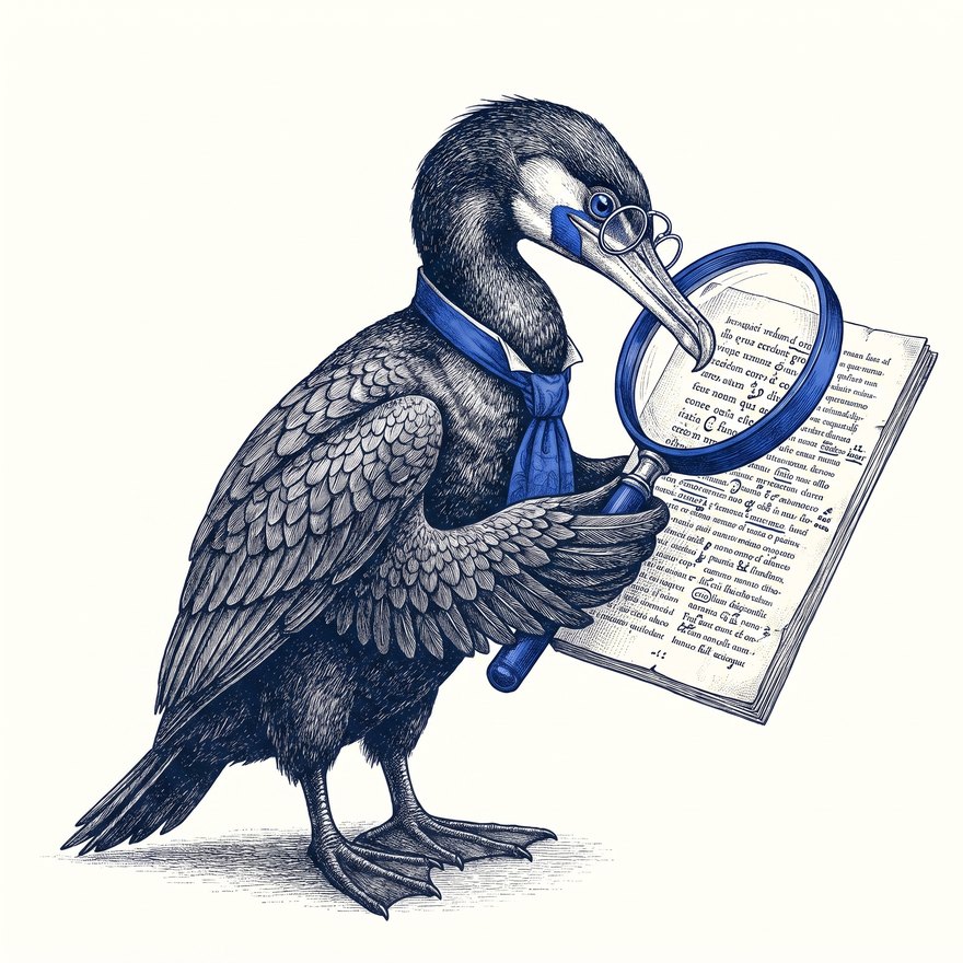 Skarv inspecting a script through a magnifying glass