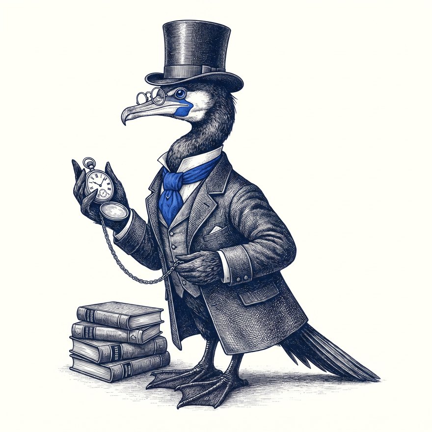 Skarv in Victorian frock coat and top hat consulting a pocket watch