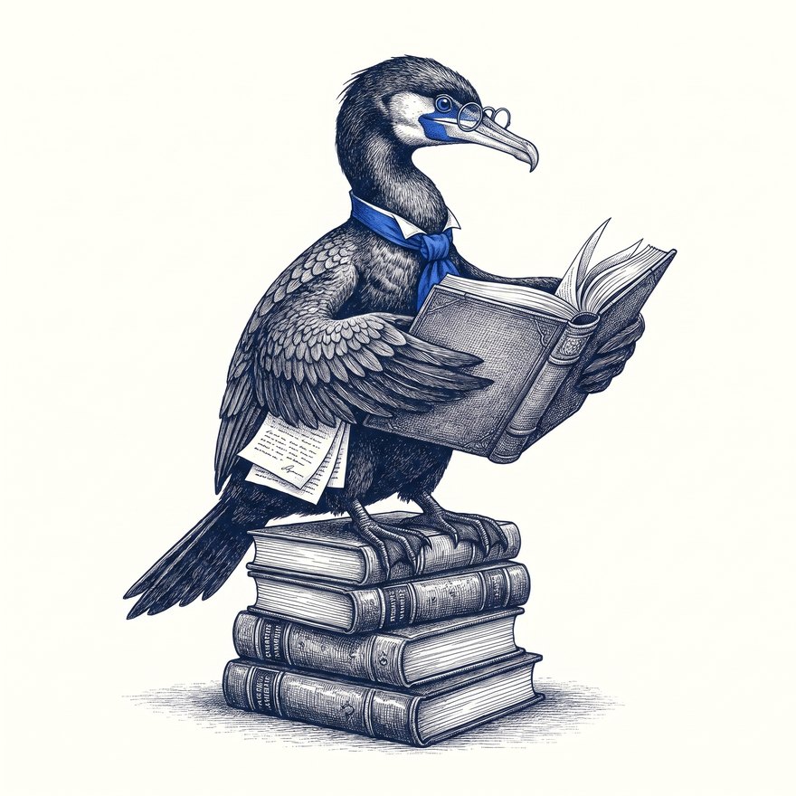 Skarv perched on a stack of books, reading